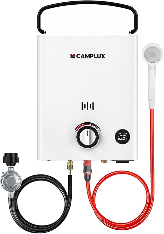 CAMPLUX First F5 Portable Propane Water Heater 1.32 GPM, 34,000 BTU, for RVs, Campings, Cabins & Barns, Ultra Portable Screw-Free Design, Quick Setup & 2-in-1 Easy Temperature Control