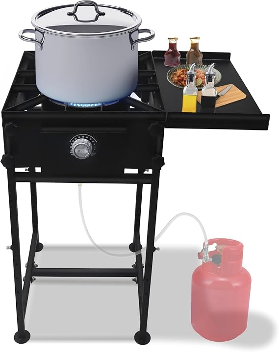 One Burner Camp Stove, 130000 High BTU Single Burner Outdoor Stove | with Side Shelf, Steel Outdoor Gas Stove 1 Burner w/CSA-Approved 0-20 PSI Regulator & Hose, Camping Stove for Home Brewing