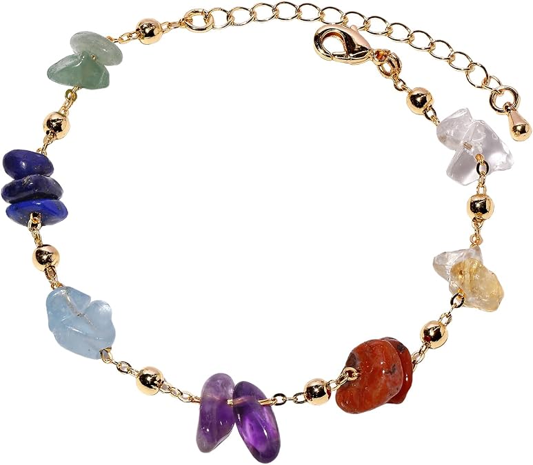 Colorful 7 Chakra Crystal Chips Plated 14k Gold Chain Bracelets | Adjustable, 16-21 cm in Length, Women's Bracelets, Handmade, Classic Lobster Clasp Closure, Balance, Meditation, Yoga