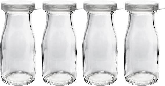 Old Fashioned Heavy Clear Glass Half Pint Milk Bottle, Decanter Cream Server with Lid (4 pack)