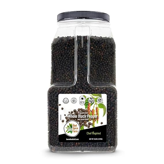 Abel Spice Farm Whole Black Peppercorns - 5 Lb Bulk Pack - Premium, 100% Natural, Non-GMO, Kosher, and Steam Sterilized Whole Peppercorns for Freshly Ground Flavor - Perfect for Chefs, Restaurants, and Culinary Enthusiasts