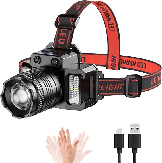 Wrrozz Headlamp Rechargeable Head Lamp LED, Motion Sensor Head Light 5 Mode | Super Bright Headlight with Red/White/Blue Light, Waterproof Adults Forehead Flashlight for Camping, Running, Hiking, Fishing