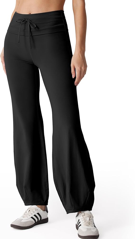 MOOSLOVER Women Quick Step Bubble Pants Drawstring Fold Over Balloon Leggings Cotton Casual Yoga Active Pant