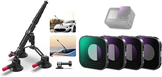 NEEWER Triple Suction Cup Car Mount Kit with PL ND Filter, 2in1 Selfie Stick, Quick Release Outside Windshield Magic Arm Camera Mount with Action Camera Adapter Compatible with GoPro Insta360, CA065