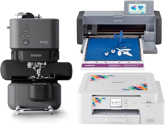 Brother Skitch Single-Needle Embroidery Machine, ScanNCut SDX125EGY Electronic Cutting Machine with Scanner, and SP1 Sublimation Printer