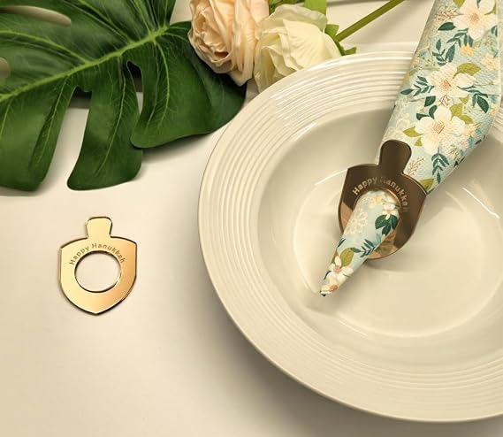 Yuxuanish Napkin Rings, Set of 12 Elegant Acrylic Dreidel Hanukkah Napkin Rings, Rose Gold Mirror, Happy Hanukkah