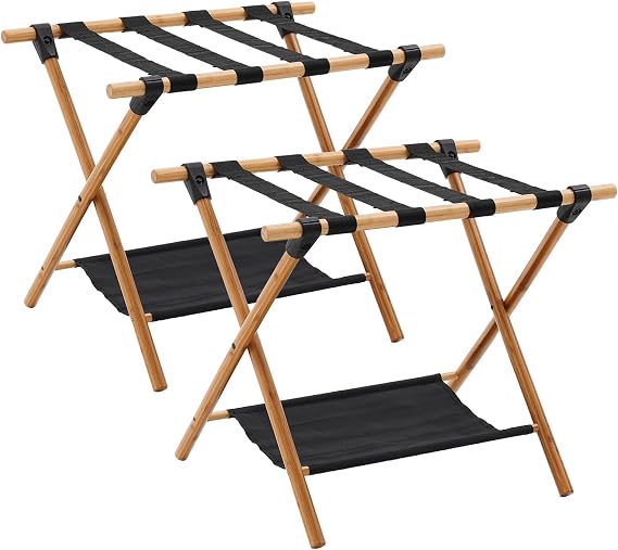 Luggage Rack,2 Pack, Wooden Portable Luggage Rack for Suitcase ,Double-Deck Luggage Racks Include Storage Shelf and Luggage Racks for Family Hotel Use,64*45*52CM,Withstand 50 KG