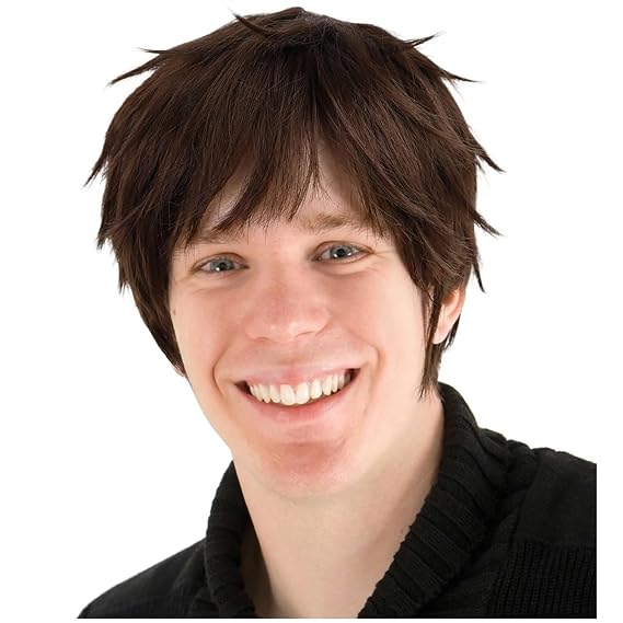 Mens Brown Wig Short Fluffy Straight Male Wig Brown Layered Hair | Heat Resistant Synthetic for Halloween Cosplay Anime Party