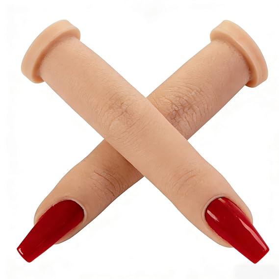 2Pcs Silicone Practice Fingers for Acrylic Nails, Fake Finger, High Simulation Bendable Joint Embedded, Reusable Nail Finger Practice Tool for Nail Art, Manicure Training & Beginners (Brown)