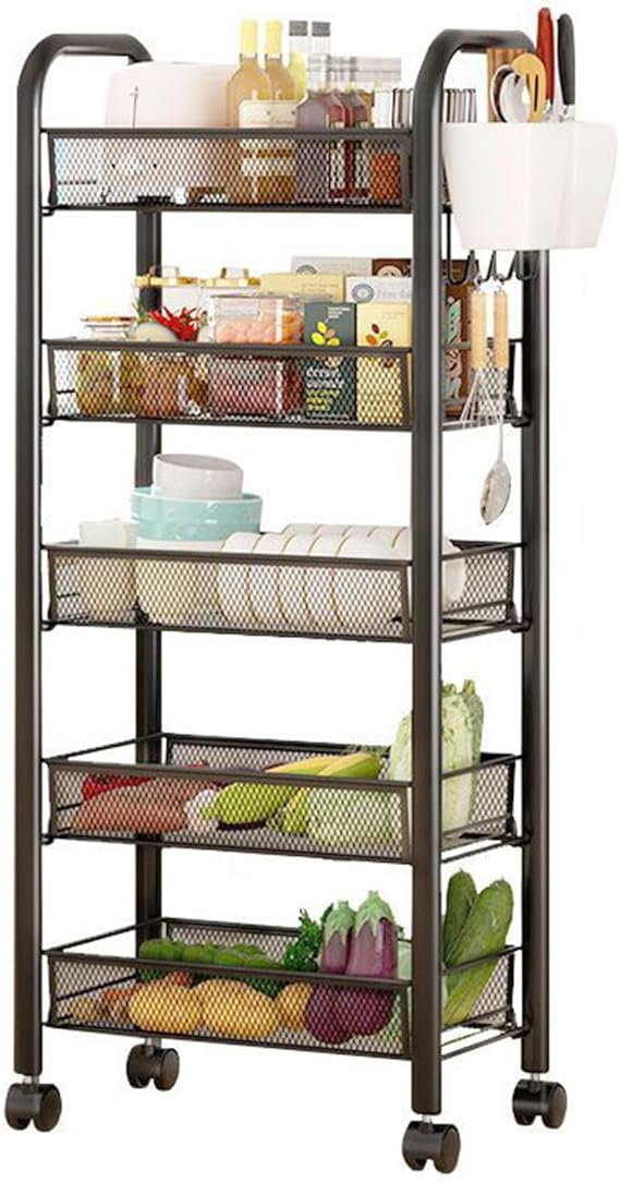 Fruit Basket for Kitchen, 5 Tier Stackable Wire Baskets with Wheels, Kitchen Organizers and Storage, Kitchen Storage Cart for Fruit Vegetable Onions Potatoes Banana Snacks (Black)