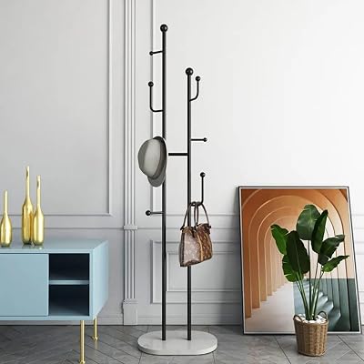 homary Coat Rack Freestanding Clothing Rack, 67 with 7 Hooks & Top Bar, Freestanding Coat Tree Stand with Faux Marble Base, Space Saving Heavy Duty Hat Hanger for Corner, Entryway, Bedroom, Black