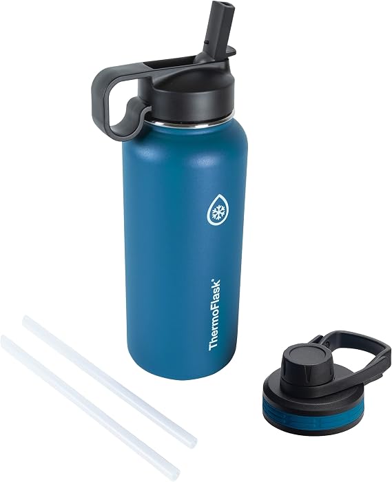 ThermoFlask Bottle with Chug Lid & Straw Lid - Insulated Stainless Steel Water Bottle with Leak-Proof Lids - Dishwasher-Safe Reusable Bottle & Lids - Durable Bottle, 2 Straws & 2 Lids - 32 oz, Cobalt