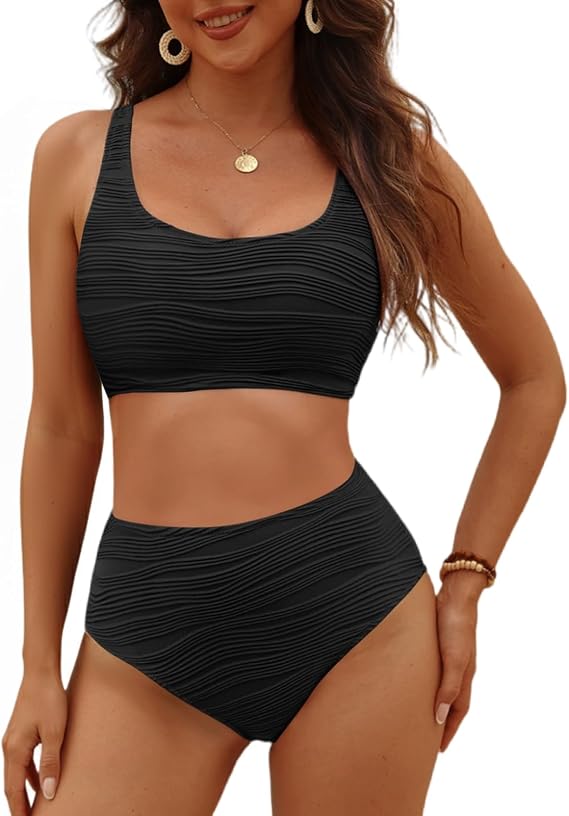 VIMPUNEC High Waisted Bikini Sets for Women Two Piece Tummy Control Swimsuits Sporty High Cut Bathing Suit