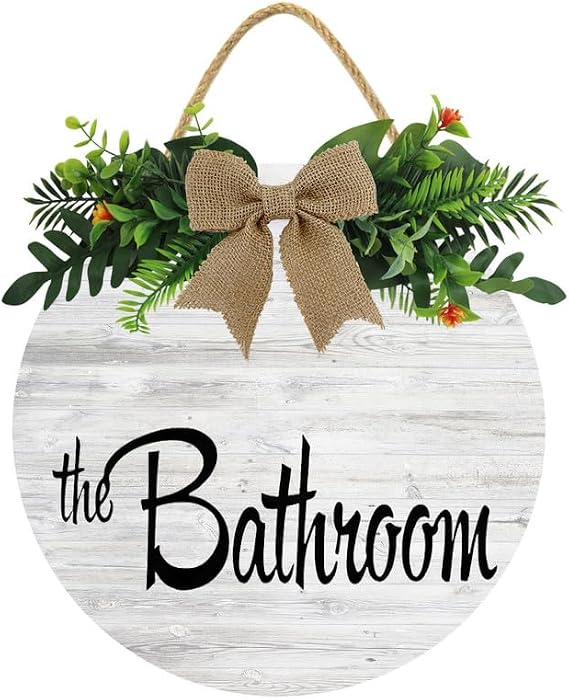 Uptell Bathroom Decor - Rustic Round Restroom Decorative Wood Wreath Sign - Unisex Restroom Wall Signage for Home or Office - 11 Inch