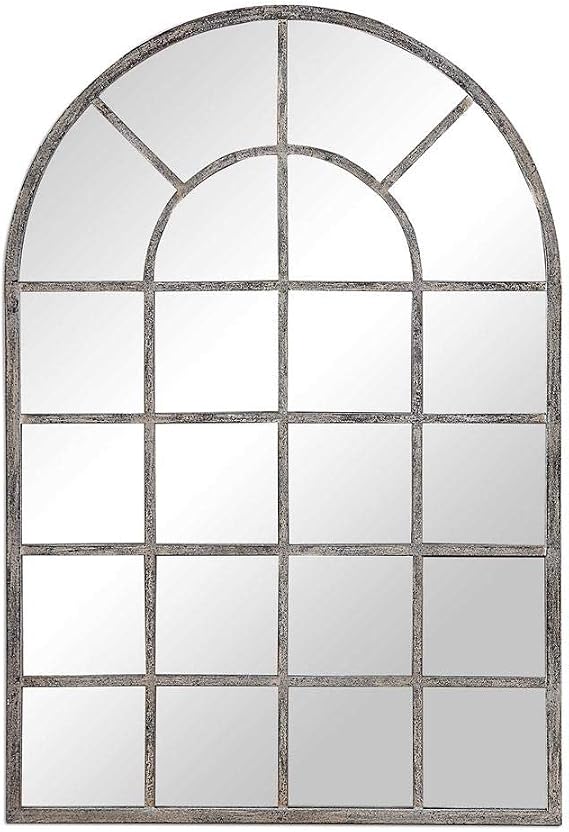 Spinner Moss + Fig Sierra Rustic Gray Windowpane Mirror | Metal Framed Arched Wall Mirror in Antique Rustic Gray Finish (30 in. W x 44 in. H Arch Mirror)