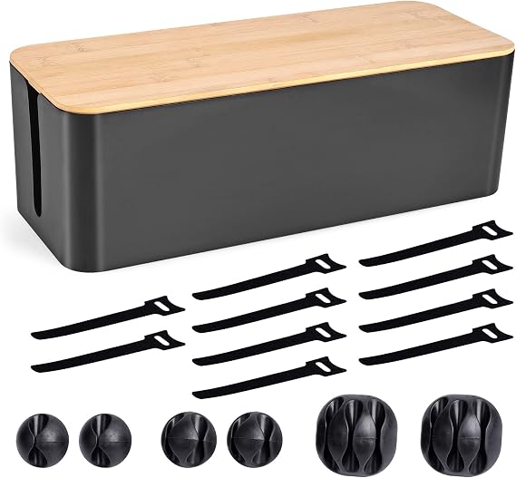 Tuwechen Cable Management Box, Wooden Style Large Cord Organizer Box | Wires & Power Strips Cord Hider, Desk Computer Cable Organizer, 16" (L) x 6.2" (W) 5.3" (H), for Home & Office, Black