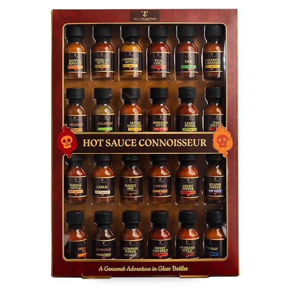 Tilz, Hot Sauce Gift Sets |24 Hot Sauce Bottles, Sampler, Chilli Sauce, Food Gifts For Men |Sriracha, Jalapenos, Garlic, Cayenne Pepper, Scotch Bonne, BBQ, Chipotle | Gifts for Men, Women