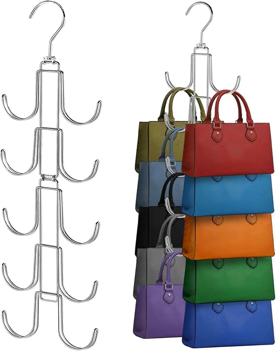 2 Pack Purse Hanger for Closet: Collapsible Metal Purse Organizer | 360 Rotation for Better Organizer&Display - Foldable Bag Hangers Space Saving for Handbag Belt Scarve Tie - Silver