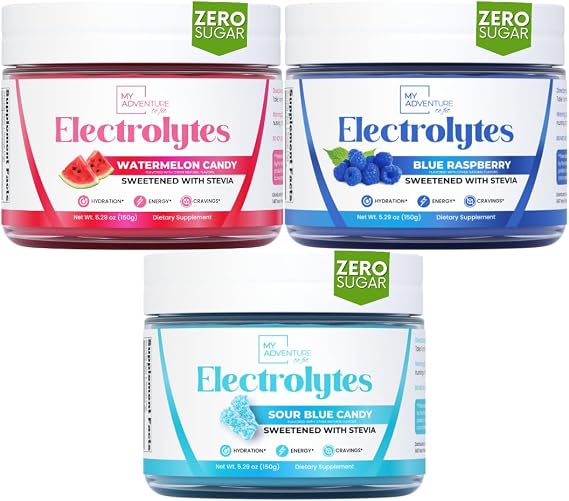 My Adventure to Fit Refreshing Hydration Electrolytes Powder with Zero Sugar, Bundle, Watermelon Candy & Sour Blue & Blue Raspberry Flavors