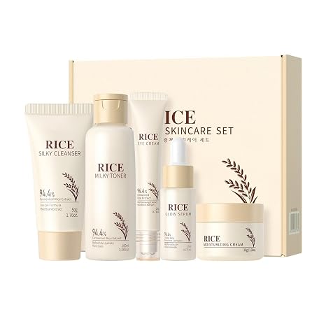 Korean Skincare Set for Women Smooth Face Care Set Rice Face Care Set with Face Cream + Serum + Toner + Eye Cream + Cleanser Moisture and Soothing Care Pack of 5