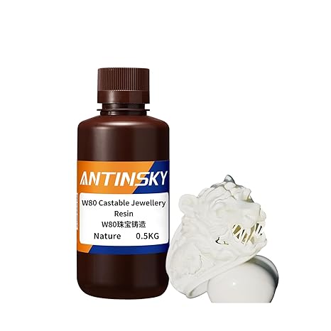 Antinsky W80 Castable Jewellery Resin for DLP LCD UV-Curing 405nm Resin 3D Printer High Wax 80% Easy to Print Use and Burn High Resolution Making jewelries Metal Parts White 0.5KG