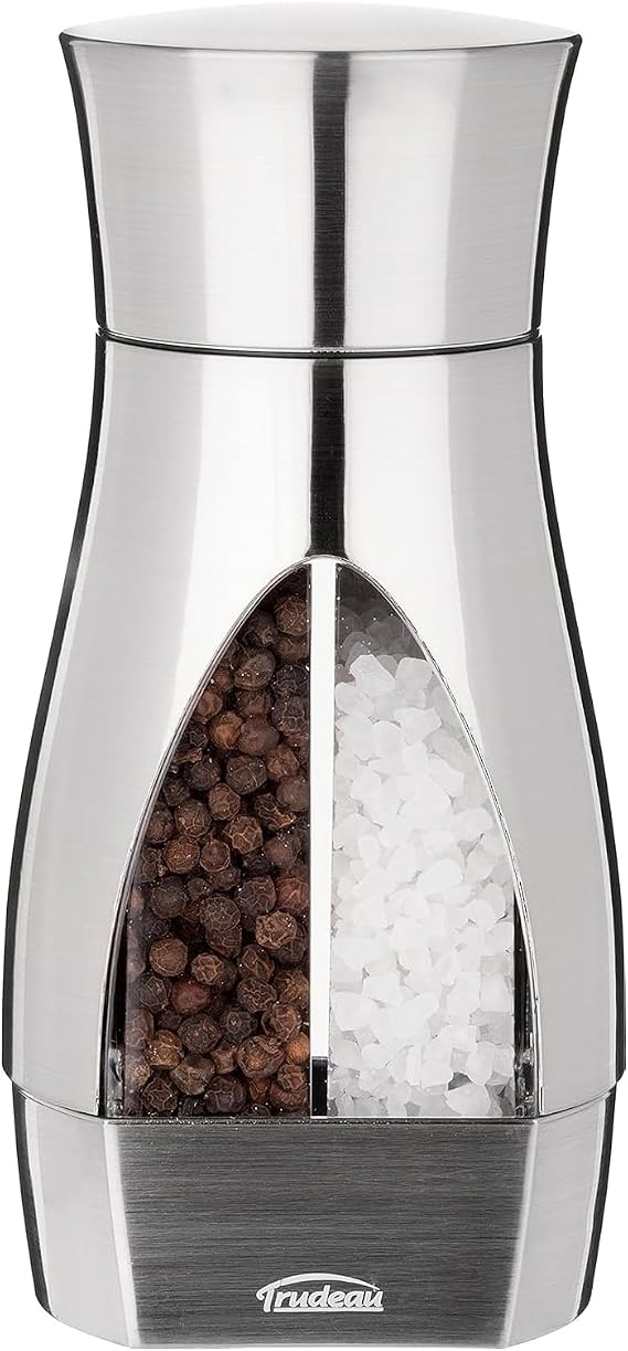 Trudeau Stainless Steel Manual 2-in-1 Salt and Pepper Mill - 7.5-Inch Space-Saving Grinder with Durable Carbon Steel Pepper Grinder and Rust-Proof Ceramic Salt Grinder - Adjustable Grind Settings