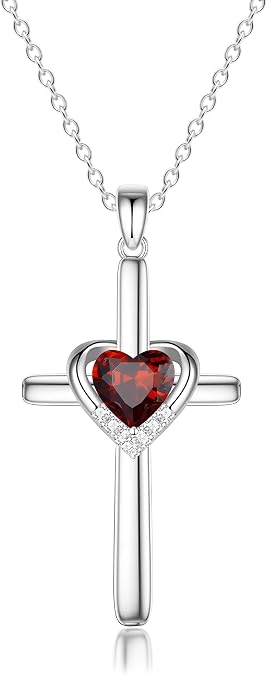 Cross Necklace with Genuine Heart Birthstone for Women, Love and Faith, Birthday Gifts for Her