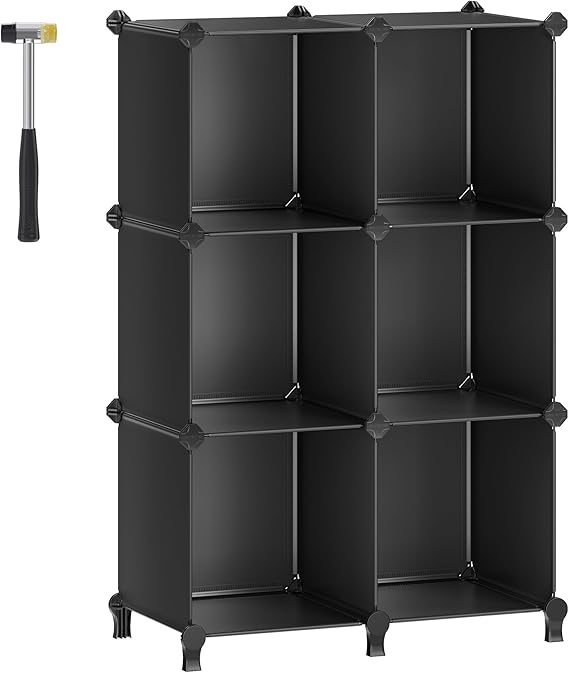 SONGMICS 6 Cube Storage Unit, Modular Plastic Organiser with Feet | Shoe Rack, Each Cube 30 x 30 x 30 cm, with Rubber Mallet, Living Room, Bedroom, Study, Ink Black, DAMION Collection LPC06H