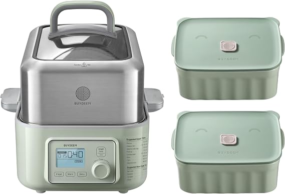 BUYDEEM G553 5-Quart Electric Food Steamer Bundle with Two Ceramic Food Storage Container Cozy Greenish 28 oz