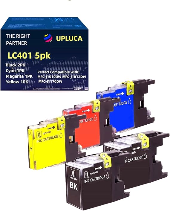 LC401 Ink Cartridge (5-Pack) Replacement for Brother LC401 Ink Work with MFC-J1012DW J1010DW J1170DW Printer
