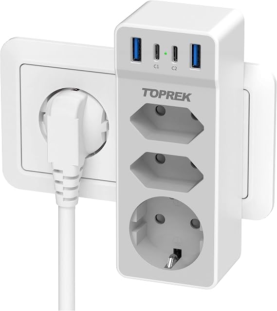 TOPREK Double Socket USB C Multiple Plug for Socket Without Cable Socket Adapter 3 Way Multiple Socket Double Plug with USB 20 W Quick Charge Splitter Plug 4000 W 16 A/2.5 A White