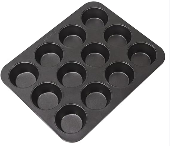 Professional 12-Cup Muffin Pan, Non-Stick Carbon Steel Baking Tray, Black, 32.5 x 25.2 cm, Heavy Duty Cupcake Bakeware