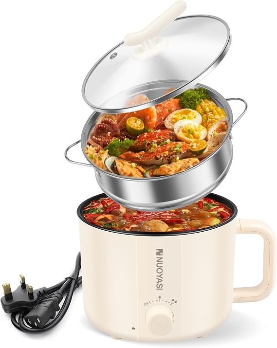 Electric Hot Pot, 1.8L Mini Multifunctional Electric Pot with Overheat Boil Dry Protection, Portable Travel Cooker, 2 Gear Non Stick Fring Pan for Steak Egg Fried Rice Soup(Double Layer)