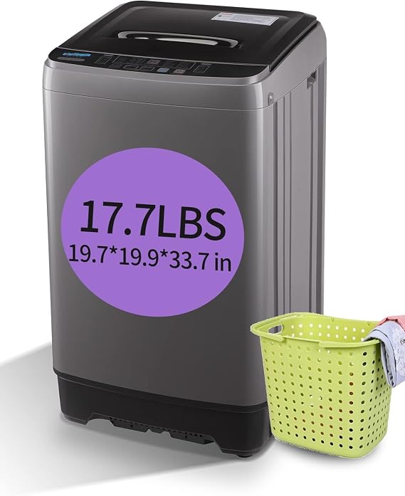 KRIB BLING Full-Automatic Washing Machine with Drain Pump, 17.7 lbs Compact Washer, 10 Wash Program & 8 Water Level, Ideal for Apartment, Dorm, RV, GREY (KB02-GREY6)