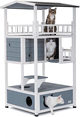 Petsfit Durable Roof Outdoor Cat House Weatherproof with Escape Door, Stair or Scratch Board, 2 Story Design Perfect for Multi Cats, Outside Cat House Blue