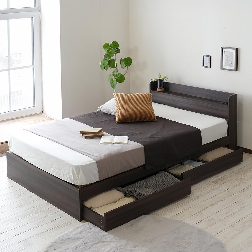 Shelf, Drawer Storage Bet, With Storage, Wooden Bed, Outlet Included, Storage Bet, Bed With Drawers, White, Black, Black Dark Brown, Semi-DoubleFrame Only