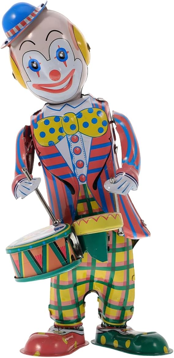 STOBOK Wind Up Tinplate Drumming Clown Toy - Retro Nostalgia Collectible Circus Tin Toys for Hallloween Decoration, Adults Collection, Home Office Decor