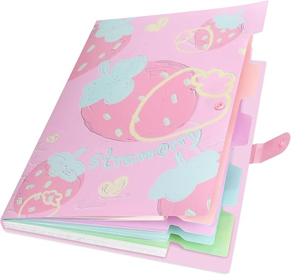 Cute Expanding File Folder Fruit Series - 5 Pockets Accordion Document Organizer, Waterproof Poly Plastic, A4/Letter Size for School Office Home (Strawberry)