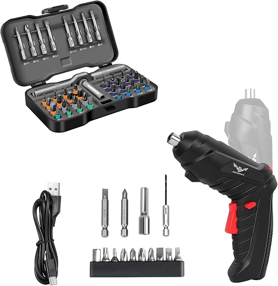 JENABOM Cordless Electric Screwdriver Set, Small Drill Set with Magnetic Screwdriver Bits, Ratchet Bit Combo for Home DIY & Repairs