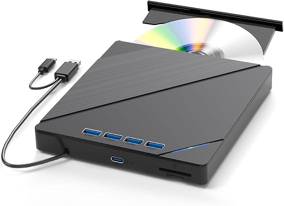 7 in 1External Blu Ray Drive USB 3.0 Type-C, Support 100G BD DVD CD External Blu ray Player, Ultra-Slim Bluray Drive with TF/SD Port, Compatible with Windows XP/7/8/10/11 Mac Laptop Desktop