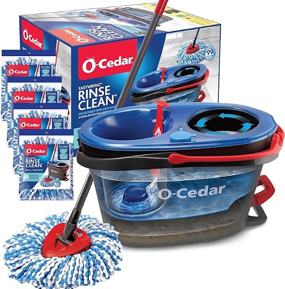 O-Cedar RinseClean Microfiber Spin Mop & Bucket Floor Cleaning System with 4 Extra Mop Head Replacements