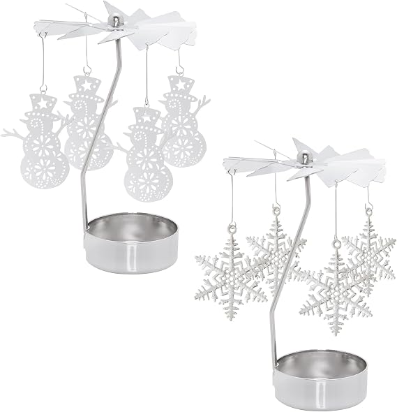 2Pcs Rotary Candle Holder Spinning Tea Light Candle Holder Silver Christmas Snowflake & Snowman Style Metal Rotating Candlestick