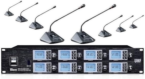 Conference Microphone Systems 8 Desktop Gooseneck Wireless Microphones 8 Antennas FCC for Stage Performance, Conference, Meeting, School