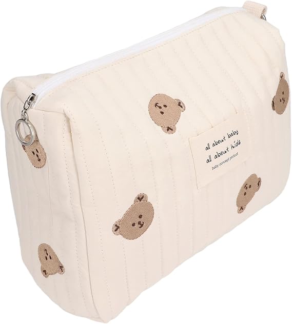 01 02 015 Diaper Storage Bag, Large Capacity Convenient Reusable Baby Bottle Bag Cotton Cloth Portable Cute Pattern for Mother for Travel(Bear Embroidery)