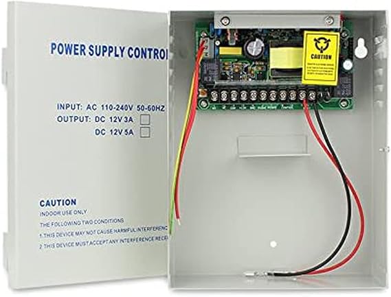Input 110-240V Wide Voltage Metal Power Supply Box Output DC12V 5A for Door Access Control System/Lock Security Kits/CCTV Power Supply Support Backup Battery Remote Control Modle
