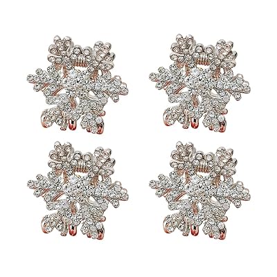 4 Pack Small Rhinestone Snowflake Hair Claw Clips, Unique Non Slip Tiny Bang Hair Clamps, Crystal Snowflake Mini Hair Jaw Clips, Decorative Hair Accessories Silver