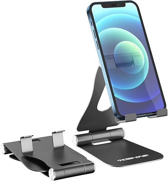 YOSHINE Cell Phone Stand, Upgraded Phone Stand for Desk, Adjustable Tablet Stand, Foldable Portable Aluminum Phone Holder, Cradle, Dock for All iPhone Smartphones and iPad Tablets(4-13in) - Black