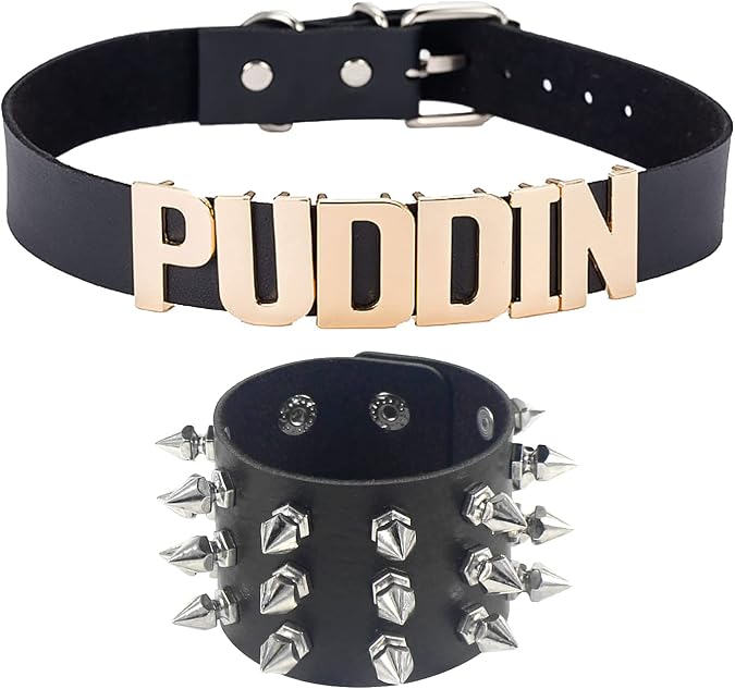 Puddin Gerdanlık Kolye Sivri Uçlu Perçin Bilezik Seti, Punk Quinn Yaka Geniş Deri Sarma Bilezik Cadılar Bayramı Kostümü Cosplay Aksesuarları Kadınlar Kızlar için