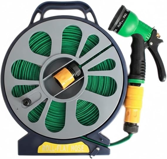 50ft Flat Garden Hose with Spray Nozzle, Compact Hose Reel with Carry Handle, Space-Saving Roll-Flat Hose for Garden & Outdoor Use