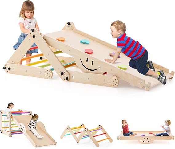 COSTWAY Indoor Climbing Frame Climbing Triangle with Slide DIY Climbing Ladder Indoor Playground Convertible Multifunctional Indoor Playground for Children from 3 Years (Colourful)